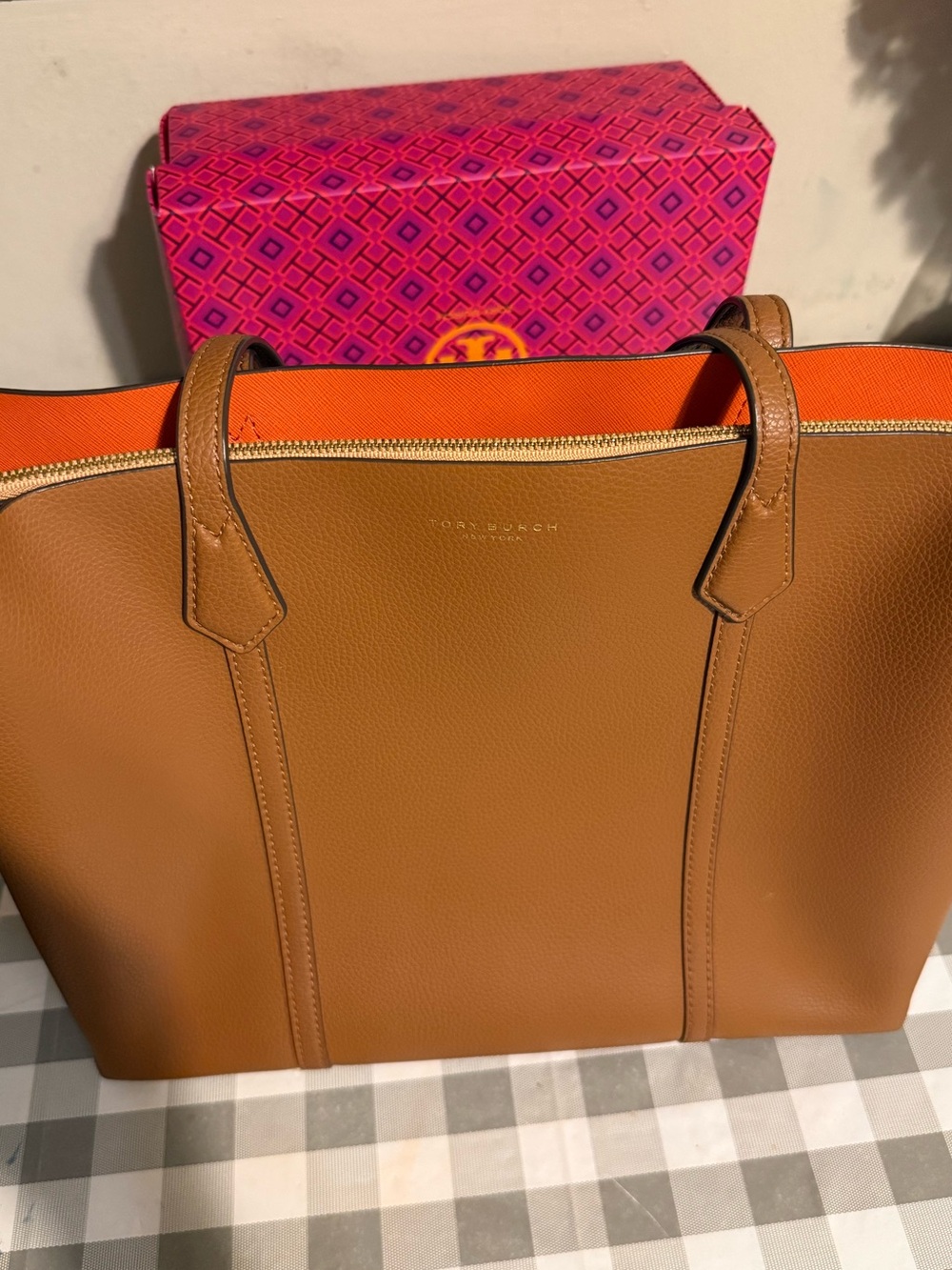 Tory Burch Perry Tote Bag in Cognac with Orange Interior